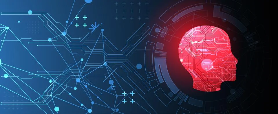 Abstract background on the theme of artificial intelligence. Red head shape w Stock Illustration