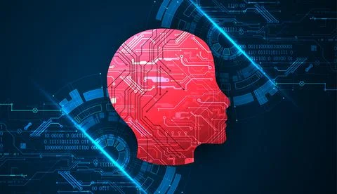 Abstract background on the theme of artificial intelligence. Red head shape w Stock Illustration