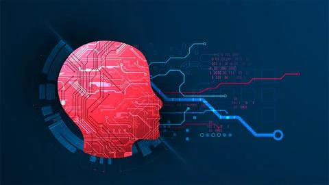 Abstract background on the theme of artificial intelligence. Red head shape w Stock Illustration