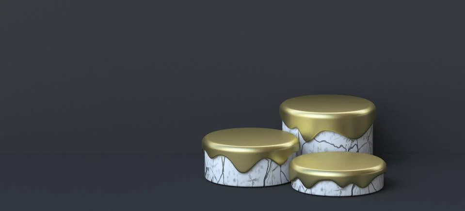 Abstract background three white marble cylinders with golden liquid tops 3D Stock Illustration
