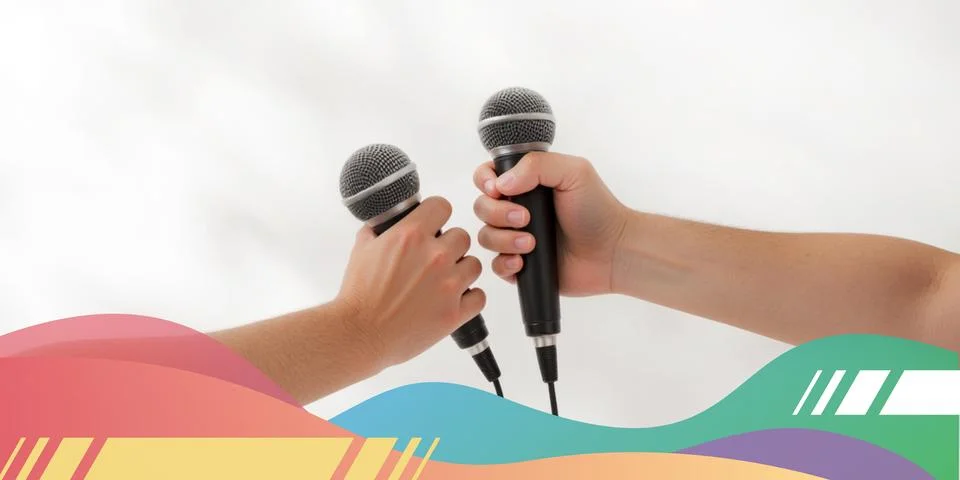 Abstract background. Two hands holding a microphone in an interview concept Stock Illustration