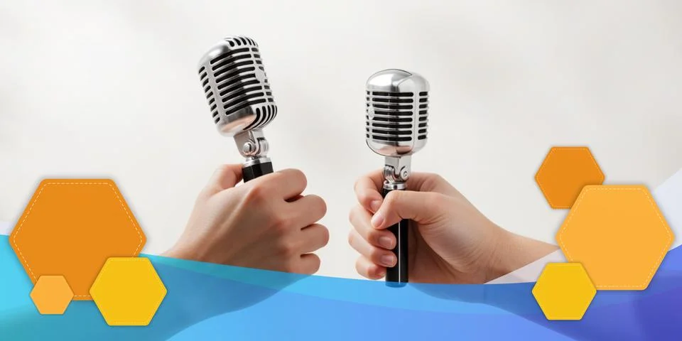 Abstract background. Two Hands Holding Vintage Microphone in Concept Stock Illustration