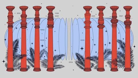 Abstract background with various 3D wireframe red columns, colonnade among .. Illustrazione stock