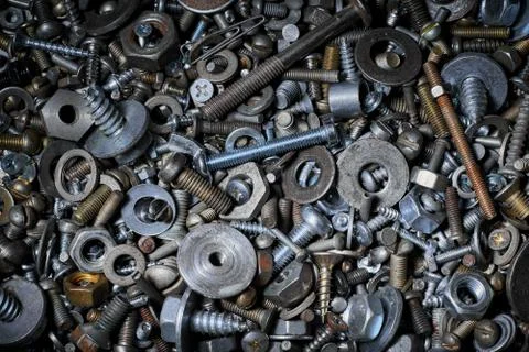 Abstract background with various screws, nuts, bolts and washers and other fa Foto stock