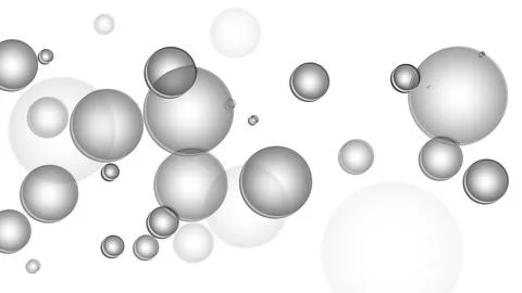 Abstract background with various sized 3D silver spheres floating on a whit.. Illustrazione stock