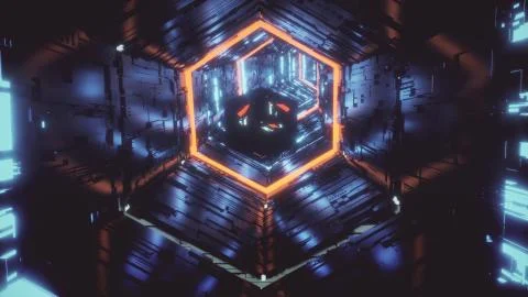 Abstract background video of a specular gem flying in the hexagon tunnel of Stock Illustration