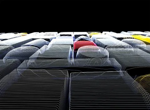 Abstract background with wall of multiple 3d shapes in neon lines Stock Illustration