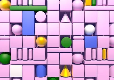Abstract background with wall of multiple 3d shapes. 3D illustration 스톡 일러스트