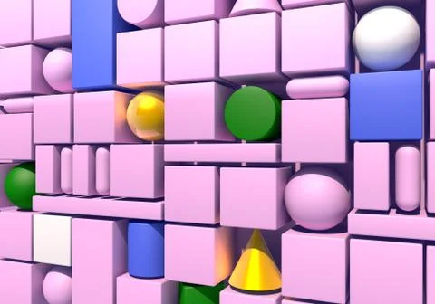 Abstract background with wall of multiple 3d shapes. 3D illustration 스톡 일러스트
