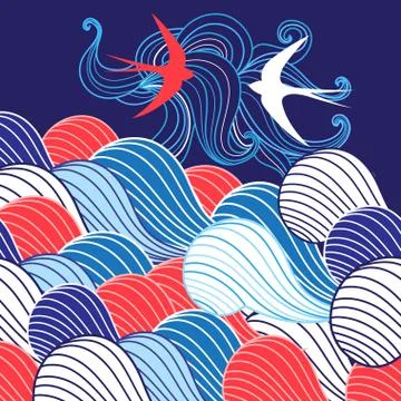 Abstract background with waves and swallows Illustrazione stock