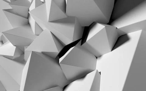 Abstract background with white 3D shapes flying in the light as a messy array or Stock Illustration