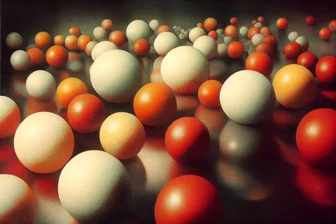 Abstract background with white and red spheres of different sizes. 3D render Stock Illustration
