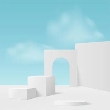 Abstract background with white blue sky geometric 3d podiums. Vector illustra Stock Illustration