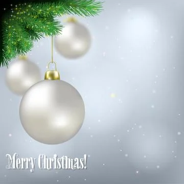 Abstract background with white christmas decorations and pine branch Stock Illustration