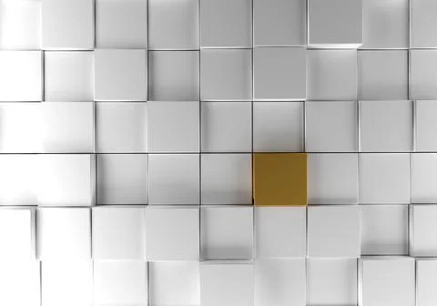 Abstract background with white cubes and a golden metallic one, 3d rendering Stock Illustration