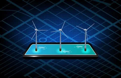Abstract background of Wind turbines generating electricity on mobile table.. Stock Illustration