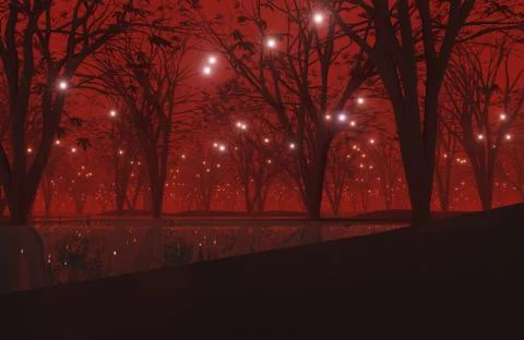 Abstract background.Dark  forest background at night. Fog, moonlight. Stock Photos