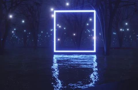 Abstract background.Dark  forest background at night. Fog, moonlight. Neon fi Stock Photos