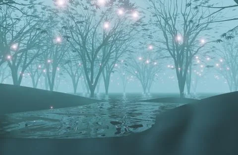 Abstract background.Dark  forest background at night. Fog, moonlight. Stock Photos