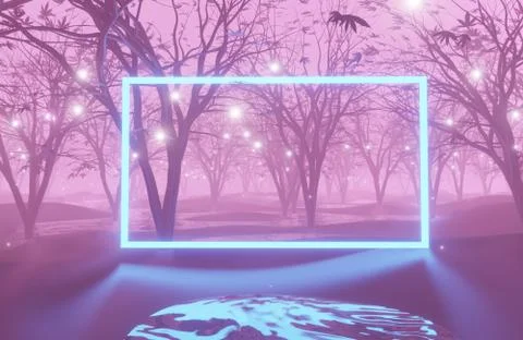 Abstract background.Dark  forest background at night. Fog, moonlight. Neon fi Stock Photos