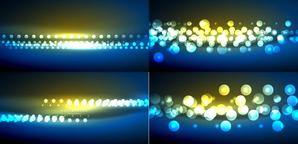 Abstract backgrounds feature glowing dots, gradients. Blue, yellow hues creat Stock Illustration