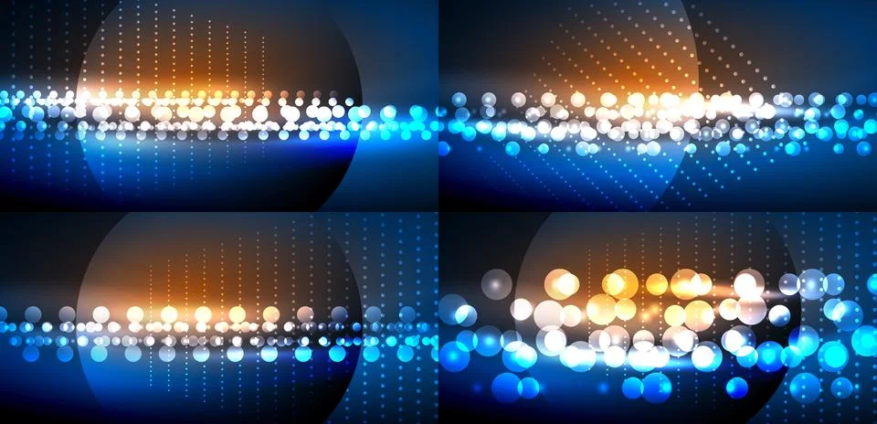 Abstract backgrounds feature glowing particles, vibrant colors, dynamic lines Stock Illustration