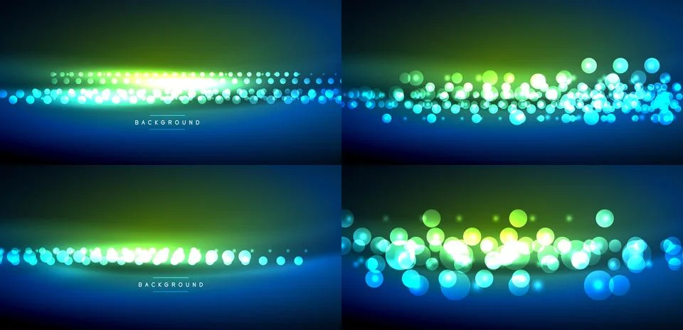 Abstract backgrounds feature glowing particles, vibrant gradients. Blue, gree Stock Illustration