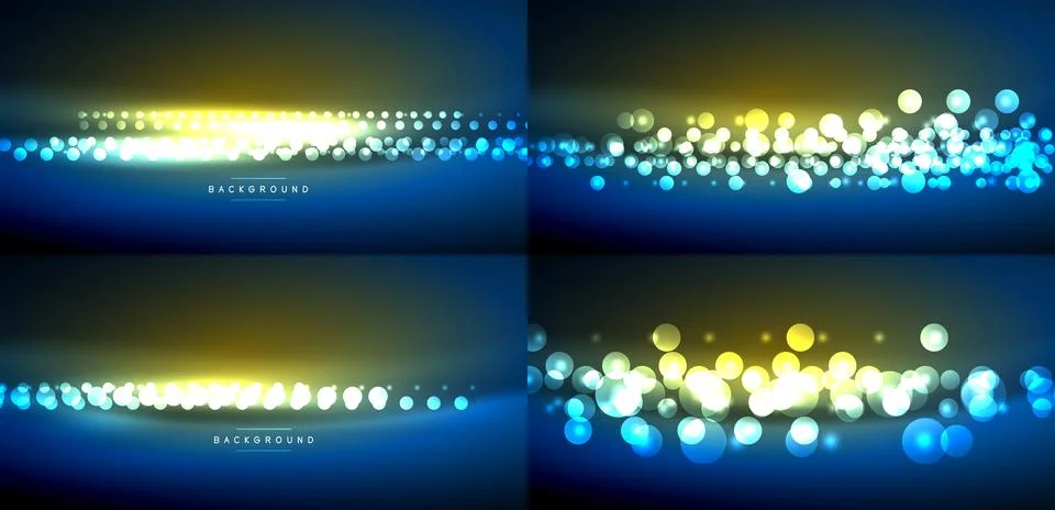 Abstract backgrounds feature glowing particles, gradients. Blue, yellow hues Illustrazione stock