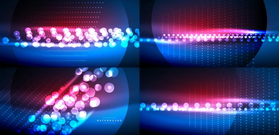 Abstract backgrounds feature glowing particles, lines, circles. Blue, pink hu Stock Illustration