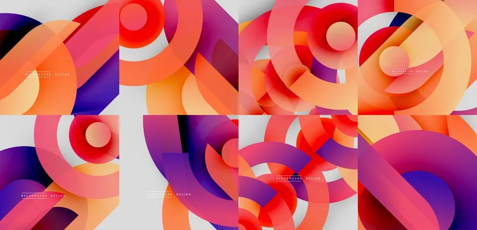 Abstract backgrounds feature overlapping circles, vibrant colors. Gradient Stock Illustration