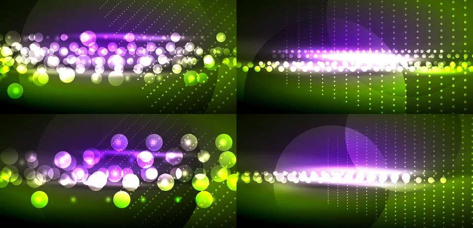 Abstract backgrounds feature vibrant circles, lines, dots. Green, purple hues Illustrazione stock