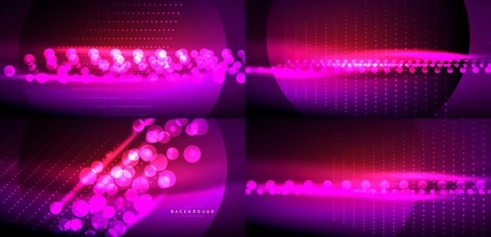 Abstract backgrounds feature vibrant pink, purple glows. Circles, dots create Stock Illustration
