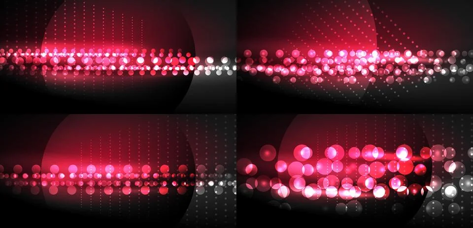 Abstract backgrounds feature vibrant pink dots, lines, curves. Dark backdrop Stock Illustration