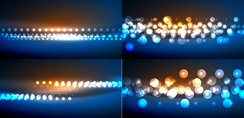 Abstract backgrounds showcase vibrant light effects. Bubbles, dots create Stock Illustration