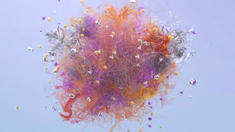 Abstract ball of threads, colored particles whirl around, on a blue background Stock Footage 132399716