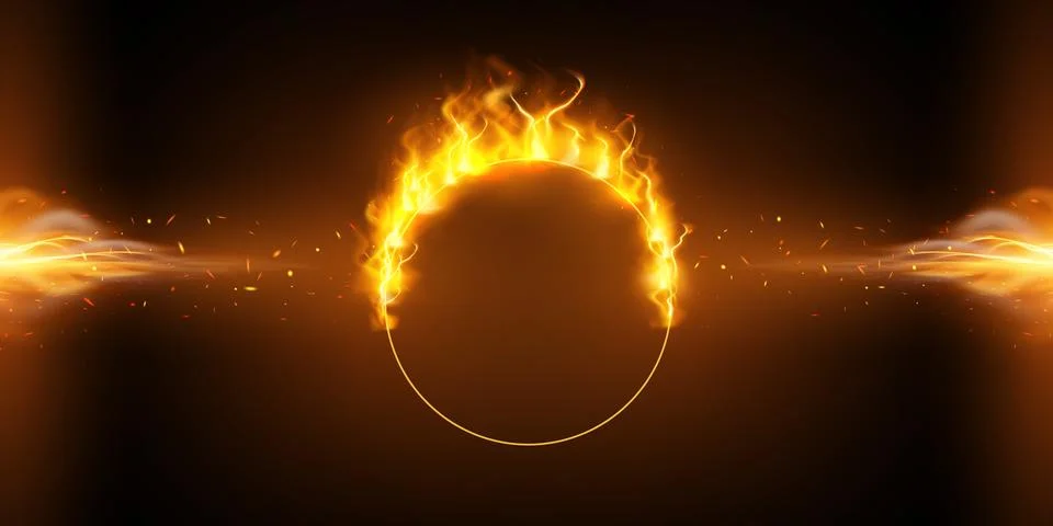 Abstract banner with a round burning ring, fiery flames, sparks, smoke, and a Stock Illustration