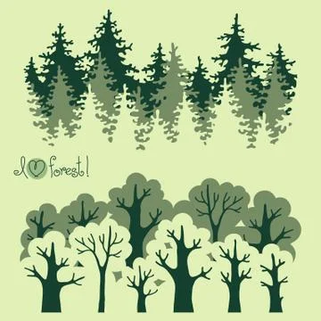 Abstract banners of green deciduous  forest and coniferous forest. Stock Illustration