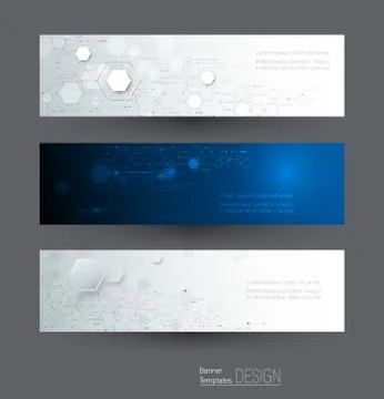 Abstract banners set, circuit board on hexagons background Stock Illustration