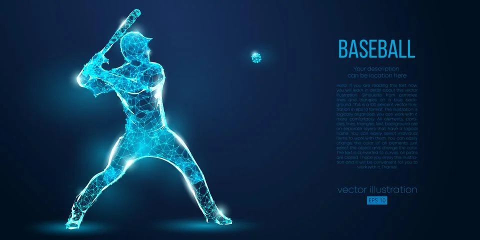 Abstract baseball player from particles. Low poly neon wire outline geometric Illustrazione stock