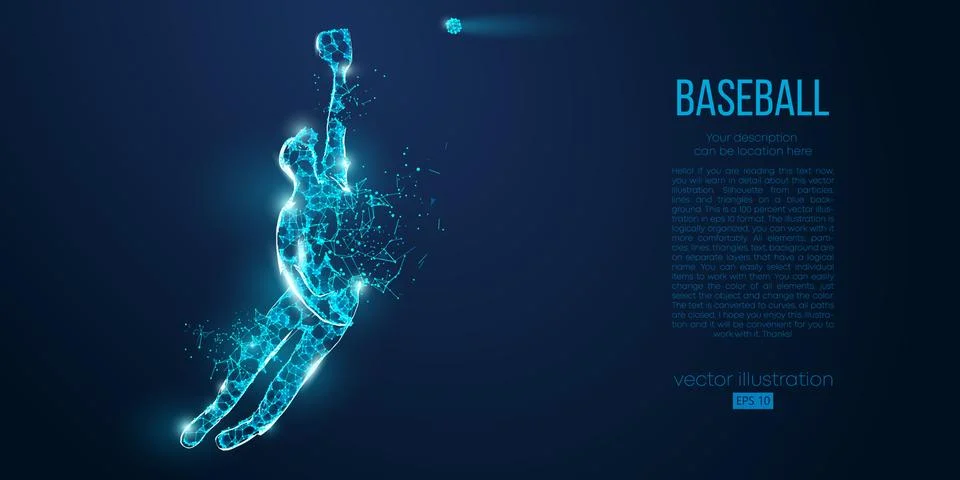 Abstract baseball player from particles. Low poly neon wire outline geometric Stock Illustration