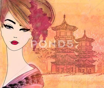Abstract beautiful geisha portrait Stock Illustration