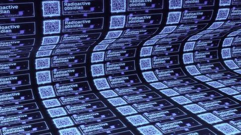Abstract bended dark blue texture with radioactive warning and qr codes. Motion 스톡 일러스트