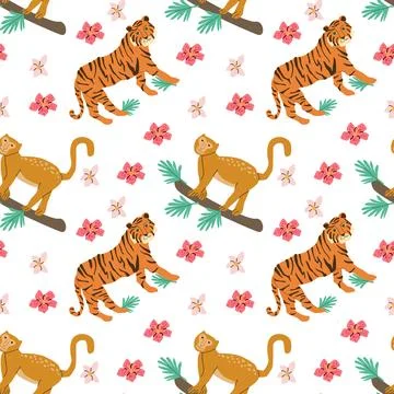 Abstract bengal tiger and monkey with flowers seamless pattern Illustrazione stock