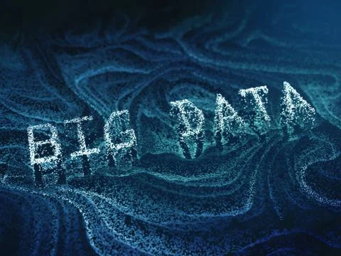 Abstract big data concept image. Big data wrds made from lght particles. 库存插图