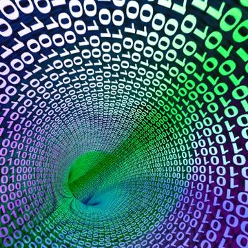 Abstract binary code lighted tunnel showing technology and computing Illustrazione stock