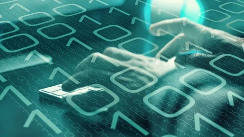 Abstract binary numbers and typing on keyboard 4k cybersecurity cyber threats 库存影片 119200005