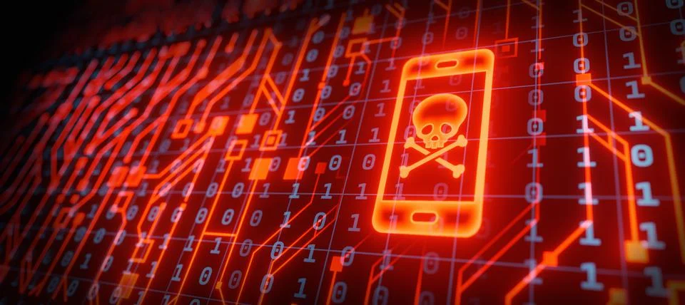 Abstract binary skull with mobile phone symbol data network technology banner Ilustração Stock