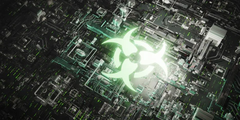Abstract bio-tech icon glowing green over a futuristic digital circuit Eco-.. Stock Illustration