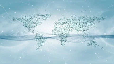 Abstract birght blue looping wavy digital technology world map network Stock Footage 344144674