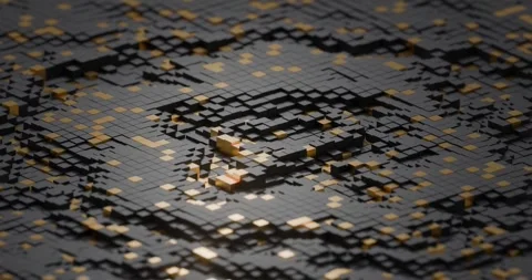 Abstract bitcoin symbol on dark voxel grid with gold tiles looping 3d animation Stock Footage 334654987